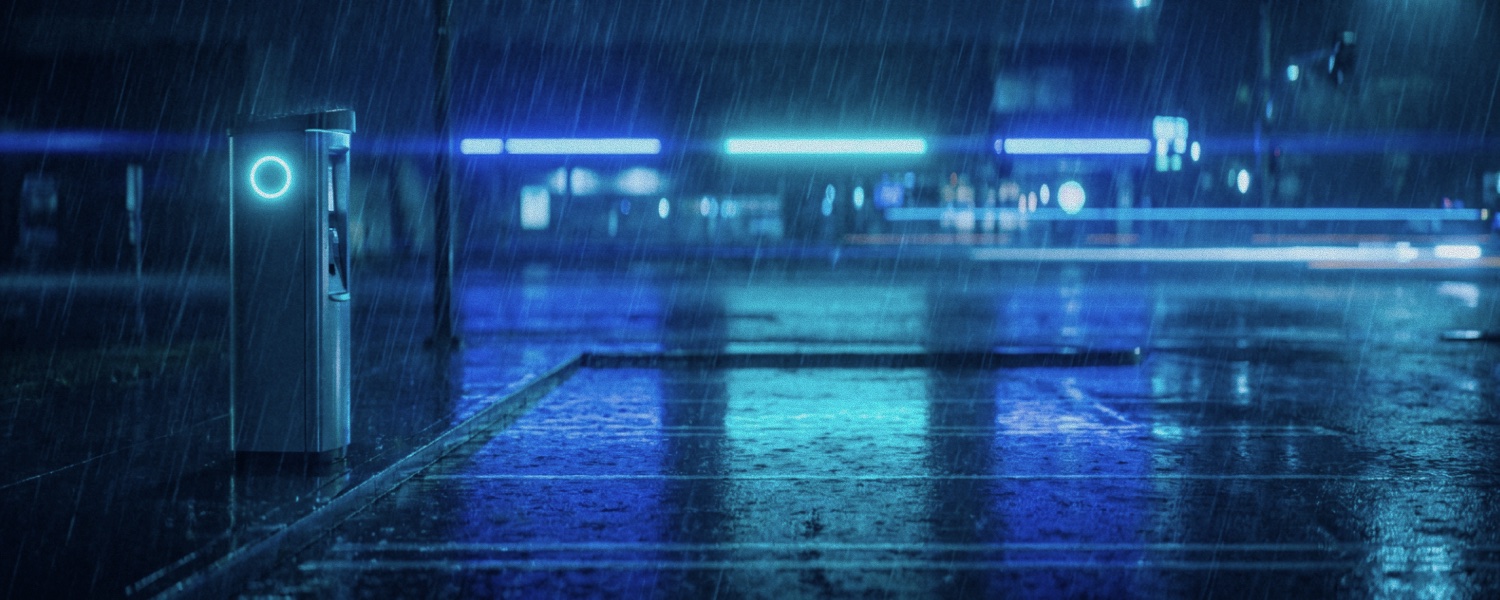 An empty pickup bay at night in heavy rain, a payment kiosk glowing a cyan ring, and no car arriving